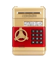 Macro detail of ATM piggy bank showing the digital keypad and rotating handle lock - Luxury Gold