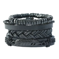 Adjustable multi-layer black leather bracelet set with wooden beads and a feather charm - Four-Piece Set