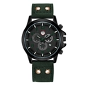 Mens military sport watch with dark green rivet leather strap and black metal case - Green