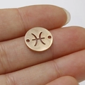 Golden Pisces zodiac round connector charm with dual holes shown on fingertip for scale - Pisces Style (Rose Gold 12)