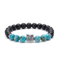 Matte black and blue imperial stone beaded bracelet with silver owl charm on white background - Owl Head - Antique Silver