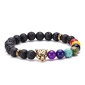 Pulsera de cuentas chakra de piedra de lava negra con cabeza de leopardo dorada y siete gemas - Leopardo - Oro Viejo
