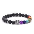 Detail showing lava stone beads with chakra colors and a silver owl charm on a bracelet - Owl Head - Antique Silver