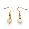 Golden titanium steel heart drop earrings with white enamel finish on a white background - Gold Heart Shell Inlay Earrings (KE80865-Z)