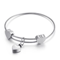 Silver stainless steel double-layered wire bracelet with polished heart charms - Steel Color Heart Memorial Bracelet (KB106698-Z)