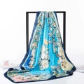 Elegant blue silk satin square scarf with floral and paisley patterns on a frame - 80-100cm / Blue