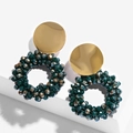 Macro detail of dark green and bronze beaded circular drop earrings with gold metal studs - erp46 Green