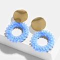 Detailed view of handmade blue beaded hoop earrings with golden metallic studs - erp46 Blue