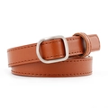 Brown leather fashion belt for women featuring a silver square buckle and stitched edges - Camel