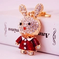 Cute bunny keychain with sparkling rhinestones and red enamel dress pendant accessory - Red
