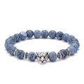 Weathered blue agate beaded bracelet featuring a silver leopard head and vintage spacers - Leopard Head - Antique Silver