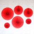 Set of 6 red paper folding fans in three sizes for wedding and party wall decoration - Solid Red Paper Fans