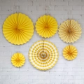 Detail of 6-piece yellow and white paper fan set with stripes and dots for party decor - Yellow Plaid