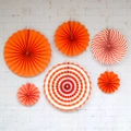 6-pack of orange and white paper fans in various patterns for party and wall decoration - Orange Striped Paper Fans