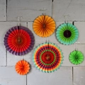 Detailed view of colorful paper fan decorations with assorted patterns and hanging strings - Rainbow Stripes