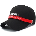 Black cotton baseball cap with red embroidered ribbon and PEACE lettering design - Adjustable / Black