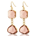 Detail of pink crystal teardrop earrings with gold hooks and faceted square stones - E0016 / Champagne Pink