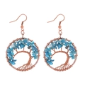 Handmade Tree of Life earrings featuring copper wire wrapping and blue crystal gravel - Blue Goldstone
