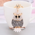 Goldener Eule Schlüsselanhänger mit weißen und grauen Steinchen auf einer Teetasse - Hellschwarz