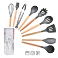 Set da cucina 9 pezzi in silicone nero con manici in legno e confezione regalo - Set da 9 pezzi B (Scatola a colori)