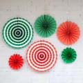 Set of 6 colorful paper fan decorations with stripes and polka dots for party decor - Red & Green Christmas Paper Fans