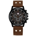 Men's vintage quartz watch with dark brown matte leather strap and black chronograph dial - Brown