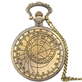 Vintage bronze pocket watch with Roman numerals and zodiac engravings on a chain - Solid / Bronze