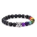 Detalle de cuentas de lava con cabeza de leopardo plateada y siete piedras chakra de colores - Leopardo - Plata Vieja