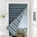 Modern black marble print door curtain with blue and red geometric ethnic patterns - Blue Triangle