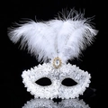 Maskenball-Maske aus weißer Spitze mit Federn und Strassstein im venezianischen Stil - Weiß