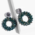 Macro view of handmade beaded hoop earrings with green crystals and rhinestone studs - erp45 Green