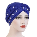 Navy blue turban cap with white pearls and twisted braid design on white background - Royal Blue