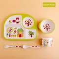 5-piece bamboo fiber kids dinnerware set with divided plate and cute cartoon garden theme - Green Home