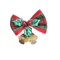 Detailed view of red and green plaid Christmas bow with golden bells and holly leaves - Style 3-Stitched Plaid Bow With Red Berries and Bells