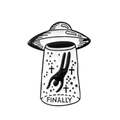Black and white UFO enamel pin with 'FINALLY' text featuring a tractor beam silhouette - Black and White FINALLY UFO Human Abduction(CC242)