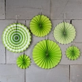 Set of 6 green paper fans with solid colors, dots and stripes for party decoration - Green Stripe