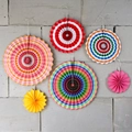 Set of 6 colorful paper fan decorations in striped and solid patterns for party events - Colorful Stripes