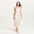 Elegant champagne silk satin long nightgown with V-neck and thin straps for women - M / Dresses / Champagne