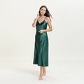 Elegant dark green satin nightgown with V-neckline and adjustable spaghetti straps - M / Dresses / Green