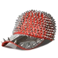 Punk style red baseball cap with silver metal spikes and rivets in streetwear fashion - Adjustable (55-59cm) / Orange-Red Base Silver Rivets