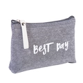 Grey canvas makeup bag with white zipper and BEST Day floral print text detail - Fashion English / Gray