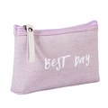 Large purple floral canvas makeup bag with 'Best Day' print and zipper closure - Fashion English / Purple