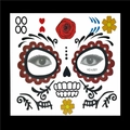 Macro detail of waterproof Day of the Dead face tattoo with floral and skull patterns - HFS021