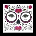 Detailed Day of the Dead face tattoo design featuring pink roses and sugar skull elements - HFS020