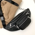 Schicke schwarze Leder-Gürteltasche mit Metallkette und mehreren Reißverschlussfächern - Schwarz