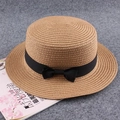 Summer straw boater hat in natural brown with a black ribbon bow and flat top design - Adult (56-58CM) / Khaki
