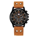 Men's sports watch with black matte case, orange numerals and brown leather strap - Khaki