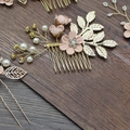Bridal hair comb and pin set with pink fabric flowers, golden leaves, and white pearls - 3-Flower Hair Comb / Pink
