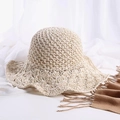Beige hand-woven crochet sun hat with hollow texture and wavy brim for beach - L(58-60cm) / Beige