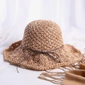 Handmade woven straw sun hat in khaki with a decorative bow on white fabric - L(58-60cm) / Khaki Bowknot